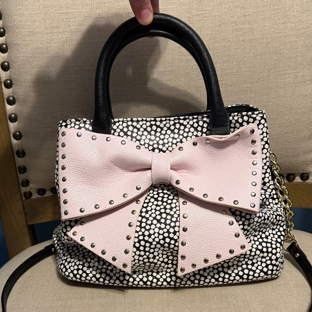 Betsey Johnson Black & White Pebble Satchel with Pink Bow